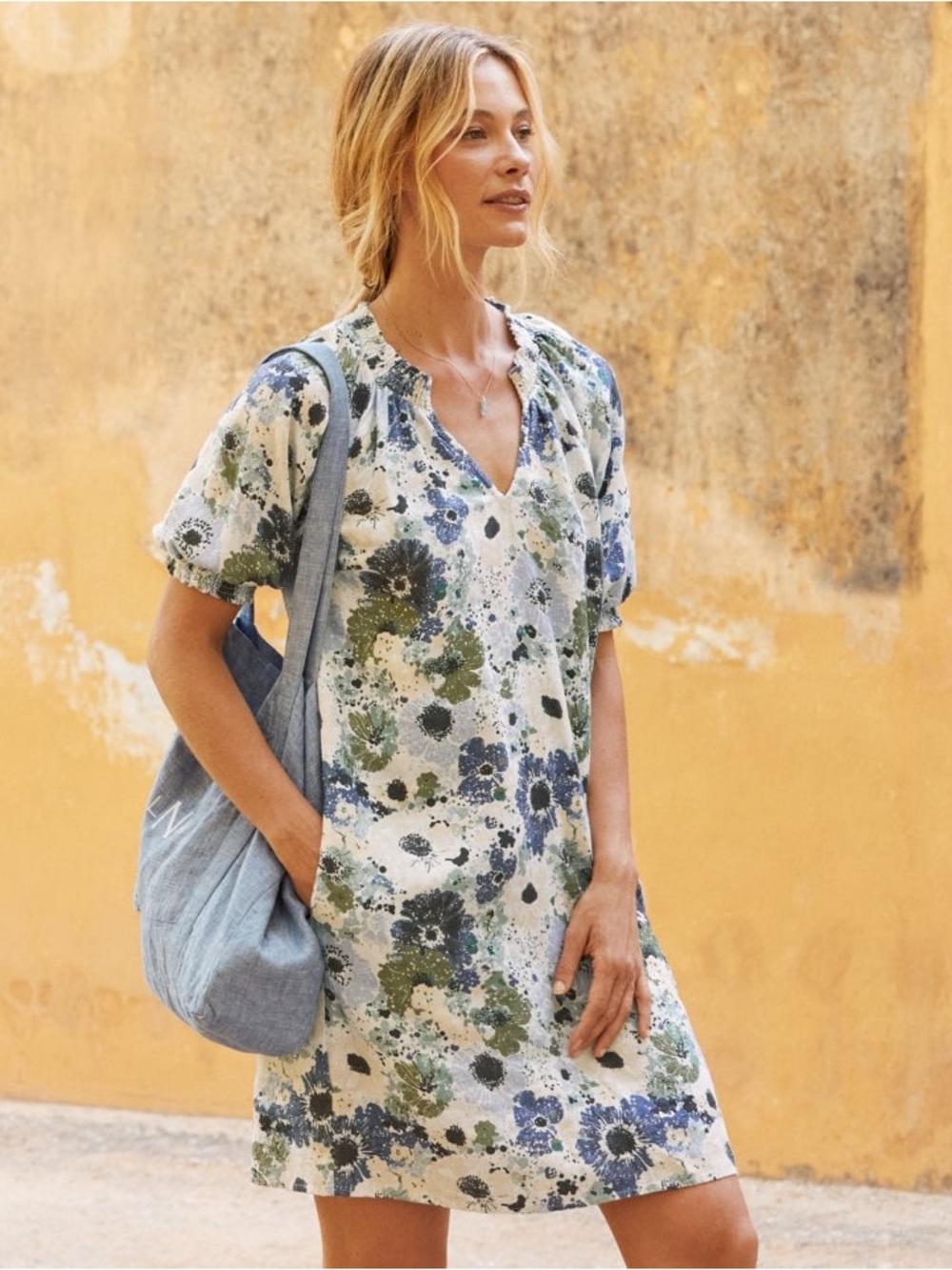 Garnet Hill Blue, Green & Cream Floral Puff Sleeve Midi Dress